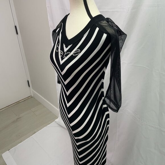 BEBE MAXI DRESS SWAROVSKI RHINESTONE LOGO BLACK/WHITE STRIPED DESIGN - Picture 6 of 11